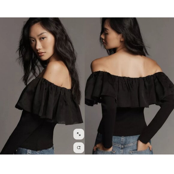 Anthropologie Off-The-Shoulder Organza Ruffle Top NWT in Black Small - Picture 2 of 13